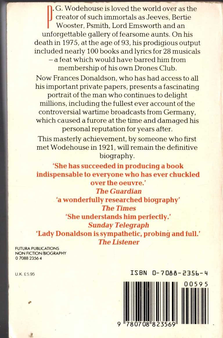 (Frances Donaldson) P.G.WODEHOUSE. The Authorized Biography magnified rear book cover image