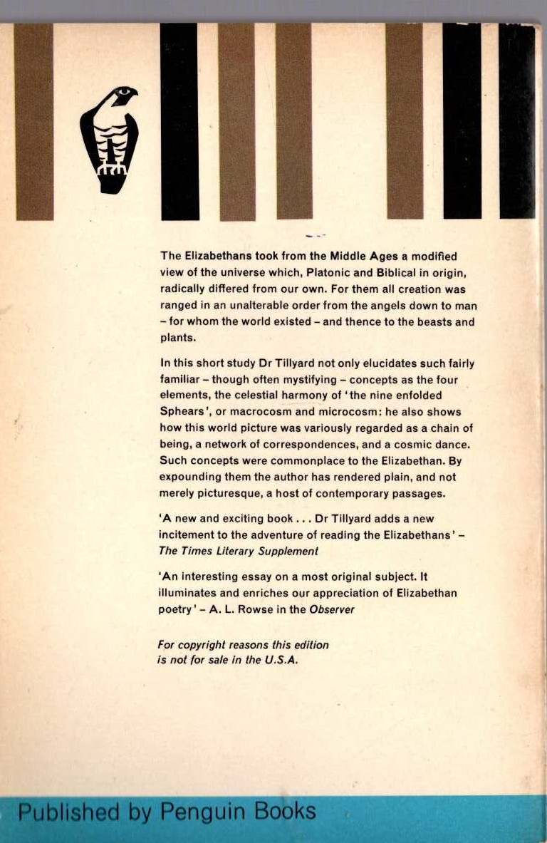 E.M.W. Tillyard  THE ELIZABETHAN WORLD PICTURE magnified rear book cover image