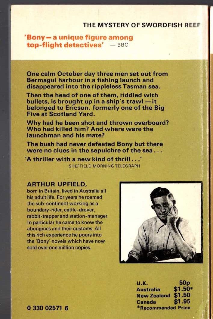 Arthur Upfield  THE MYSTERY OF SWORDFISH REEF magnified rear book cover image