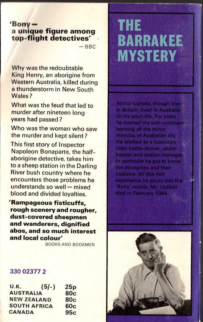 Arthur Upfield  THE BARRAKEE MYSTERY magnified rear book cover image