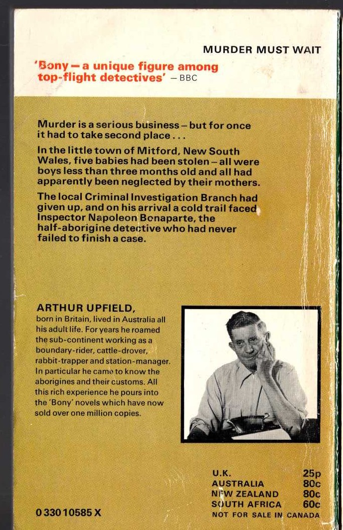 Arthur Upfield  MURDER MUST WAIT magnified rear book cover image