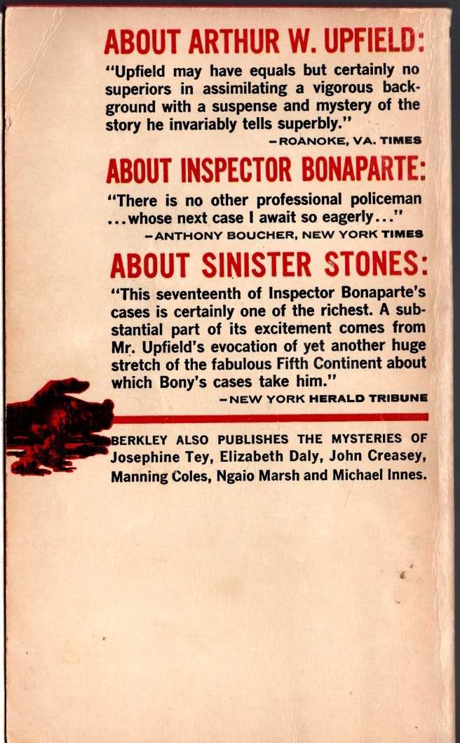 Arthur Upfield  SINISTER STONES magnified rear book cover image