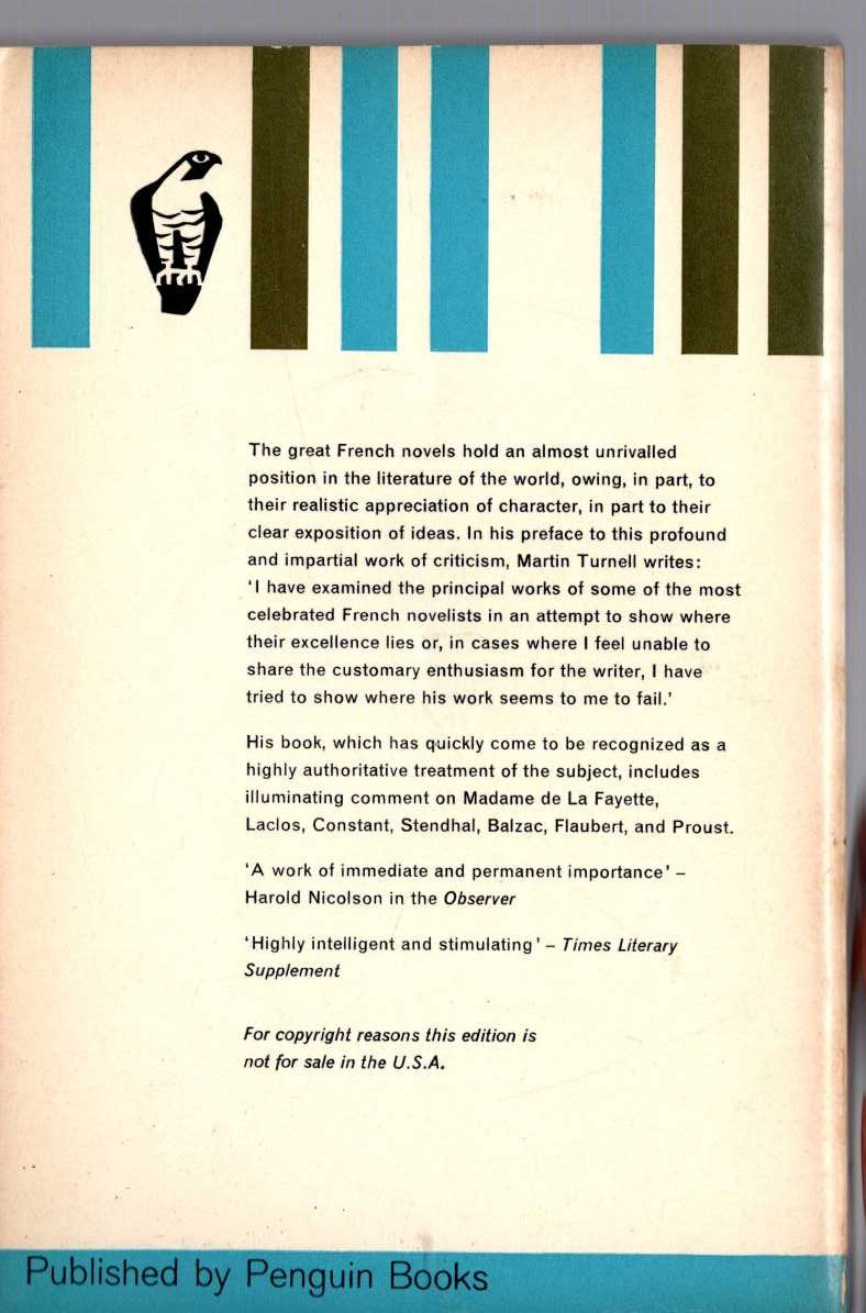 Martin Turnell  THE NOVEL IN FRANCE magnified rear book cover image