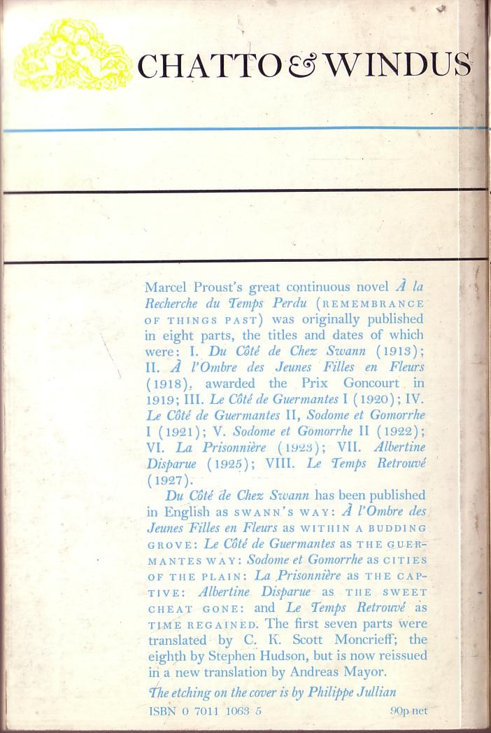 Marcel Proust  CITIES OF THE PLAIN. Part Two magnified rear book cover image