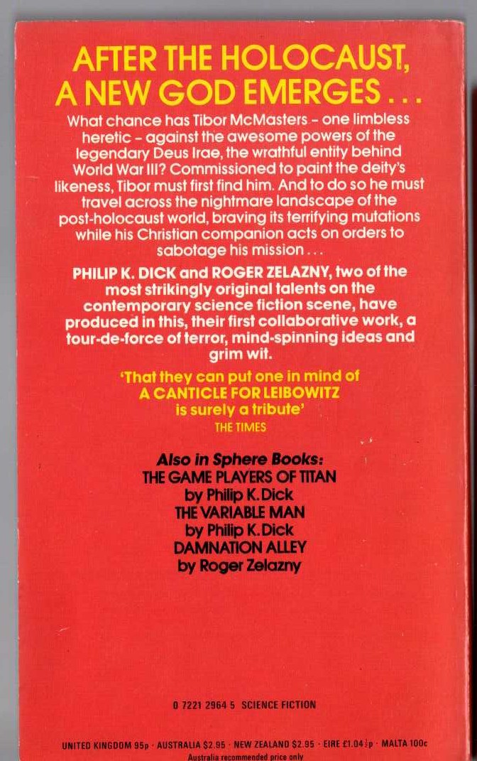 (Philip K.Dick & Roger Zelazny) DEUS IRAE magnified rear book cover image