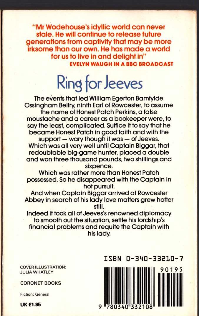 P.G. Wodehouse  RING FOR JEEVES magnified rear book cover image