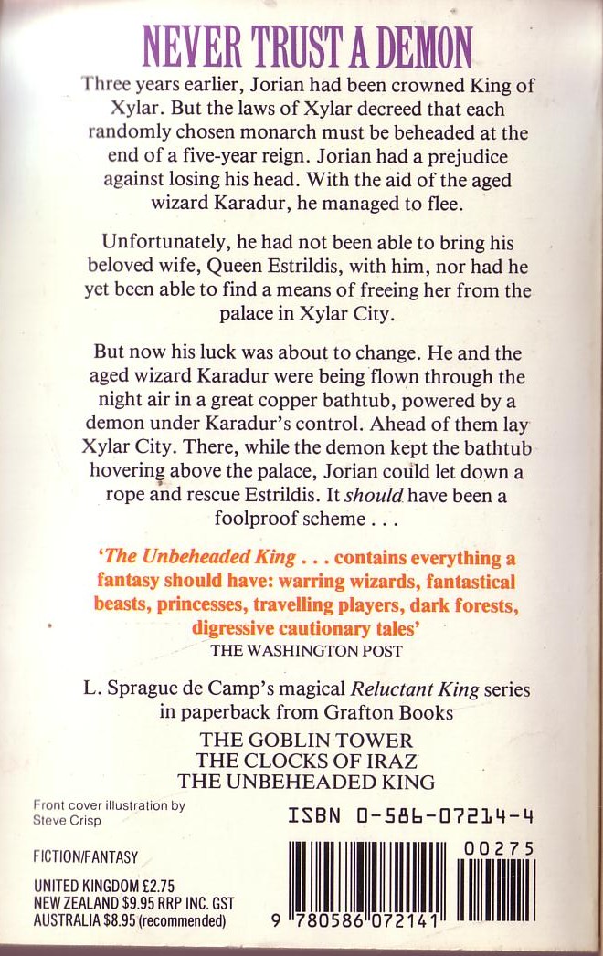 L.Sprague de Camp  THE UNBEHEADED KING magnified rear book cover image