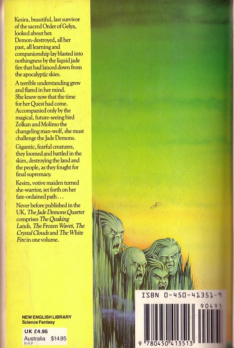 Robert E. Vardeman  THE JADE DEMONS QUARTET: THE QUAKING LANDS/ THE FROZEN WAVES/ THE CRYSTAL CLOUDS/ THE WHITE FIRE magnified rear book cover image