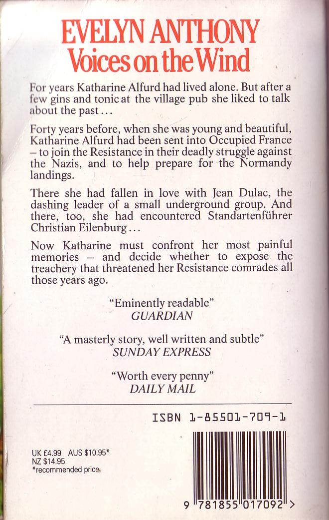 Evelyn Anthony  VOICES ON THE WIND magnified rear book cover image