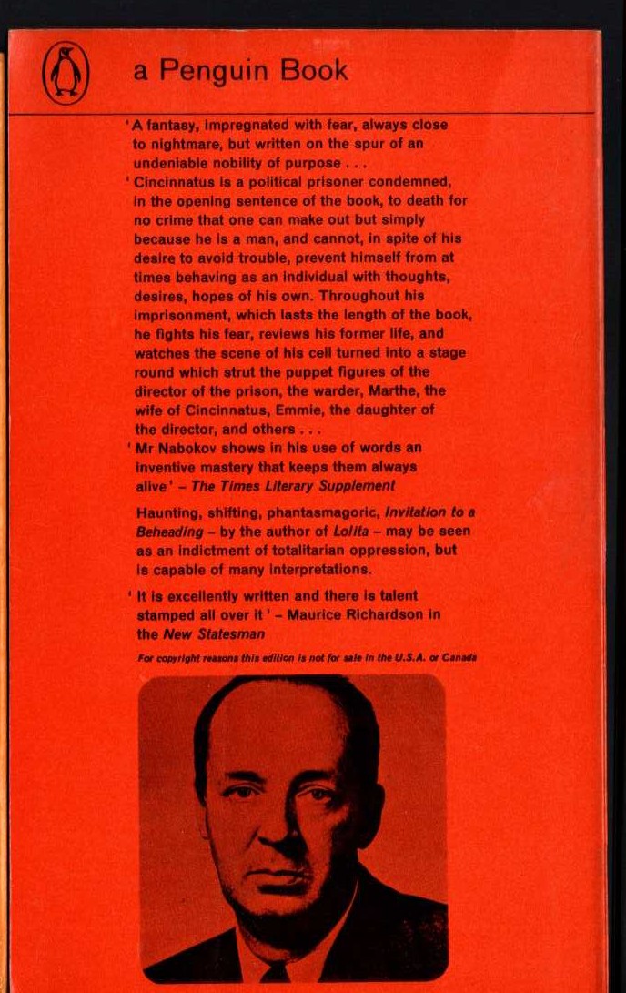 Vladimir Nabokov  INVITATION TO A BEHEADING magnified rear book cover image