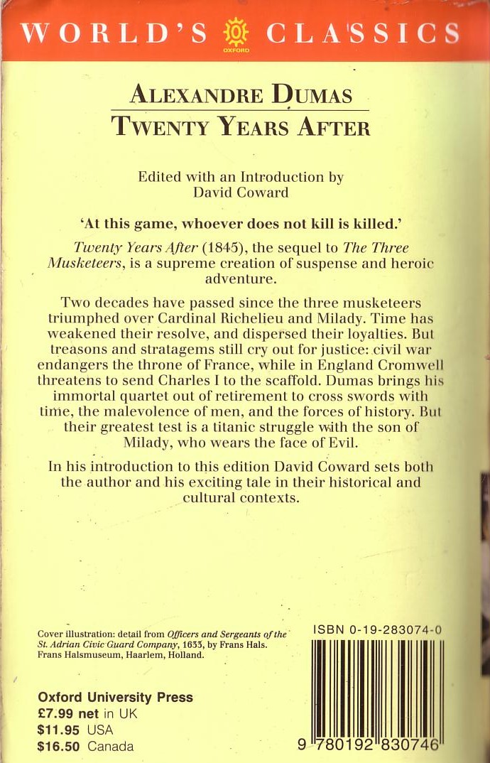 Alexandre Dumas  TWENTY YEARS AFTER magnified rear book cover image
