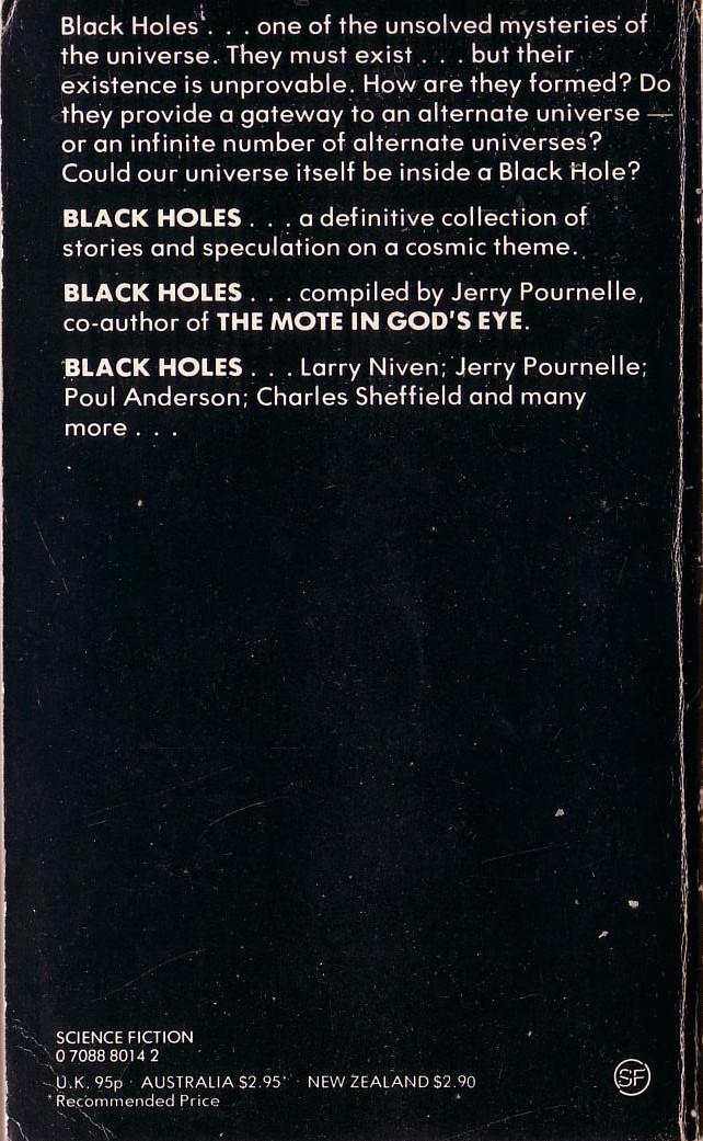 Jerry Pournelle (edits) BLACK HOLES magnified rear book cover image