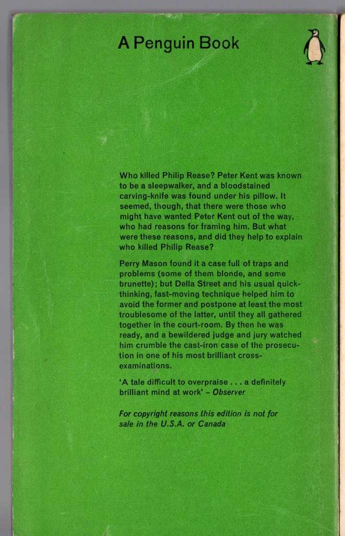 Erle Stanley Gardner  THE CASE OF THE SLEEPWALKER'S NIECE magnified rear book cover image