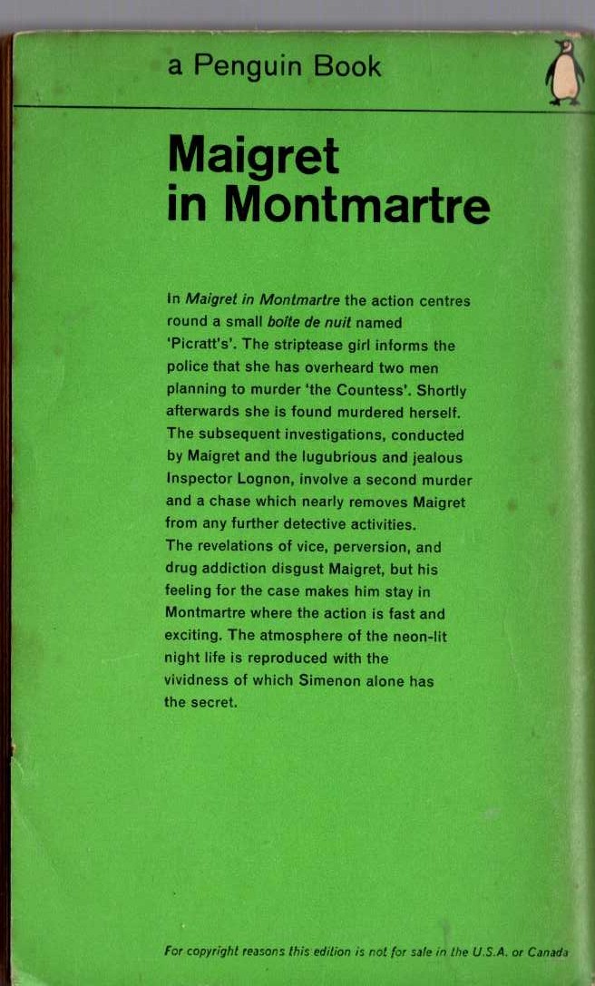 Georges Simenon  MAIGRET IN MONTMARTRE magnified rear book cover image