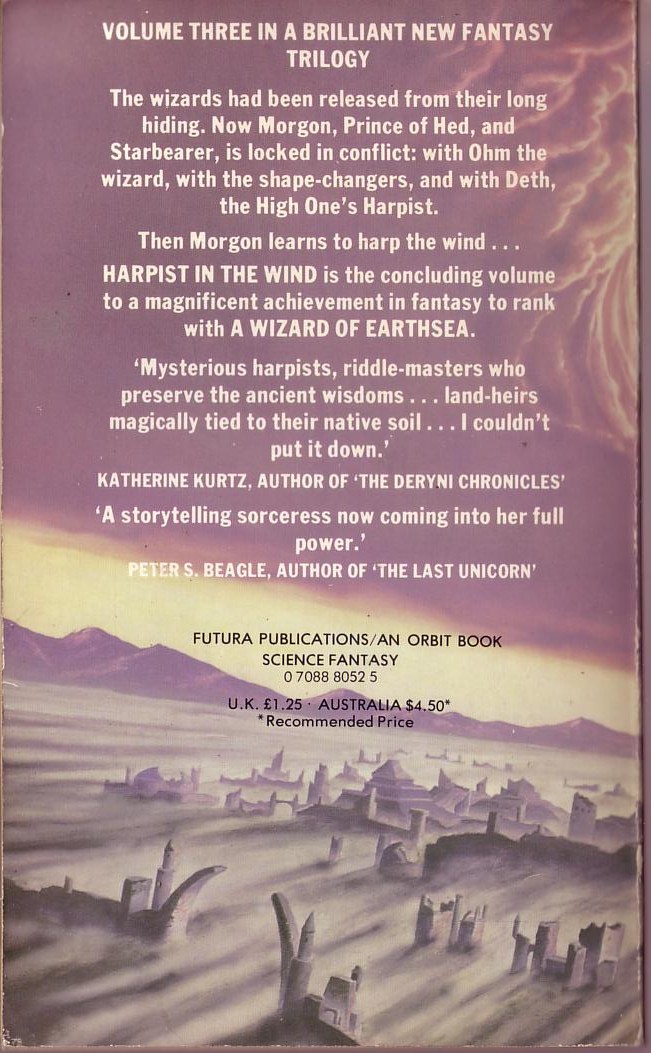 Patricia McKillip  HARPISTIN THE WIND magnified rear book cover image