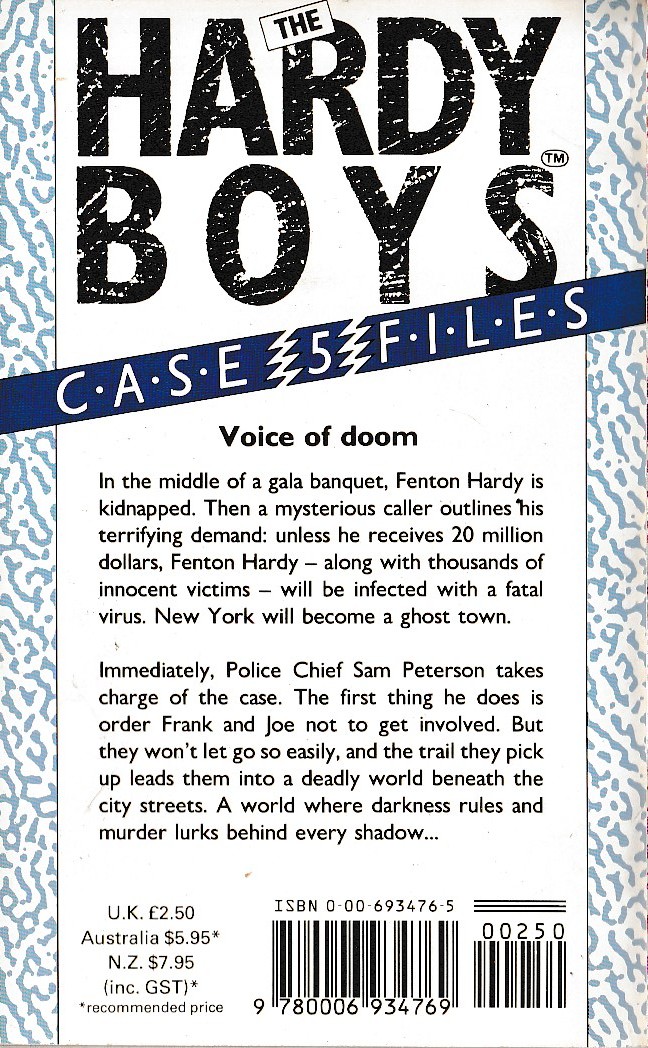Franklin W. Dixon  THE HARDY BOYS CASEFILES: #5 EDGE OF DESTRUCTION magnified rear book cover image