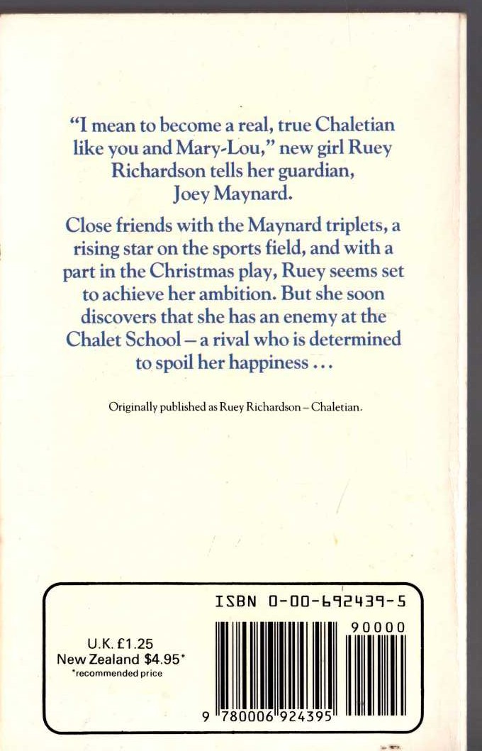 Elinor M. Brent-Dyer  RUEY RICHARDSON AT THE CHALET SCHOOL magnified rear book cover image