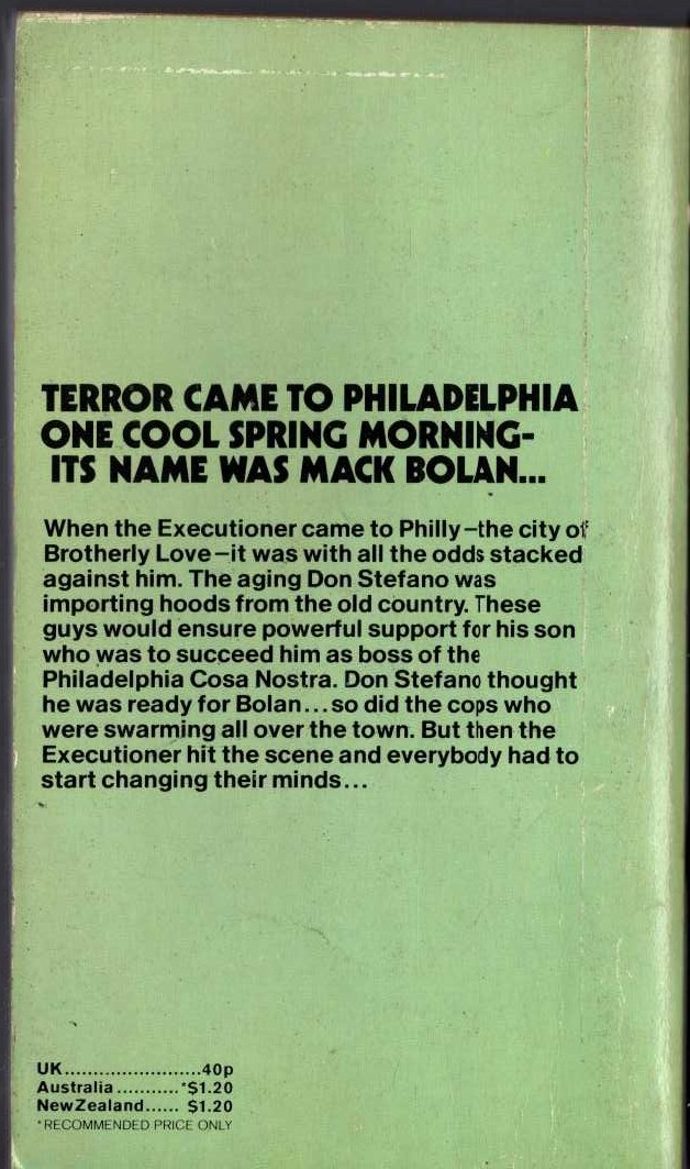 Don Pendleton  THE EXECUTIONER 15: PANIC IN PHILLY magnified rear book cover image