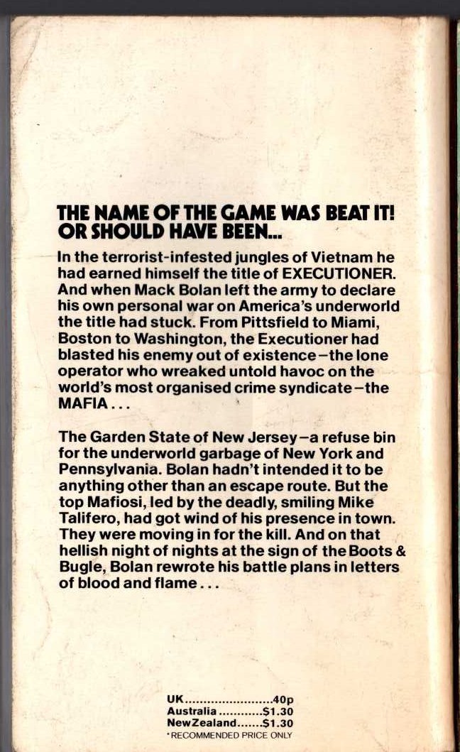 Don Pendleton  THE EXECUTIONER: JERSEY GUNS magnified rear book cover image