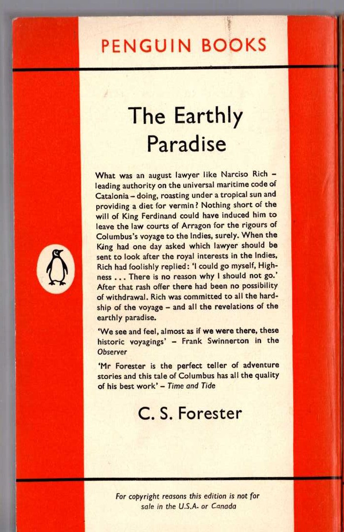 C.S. Forester  THE EARTHLY PARADISE magnified rear book cover image