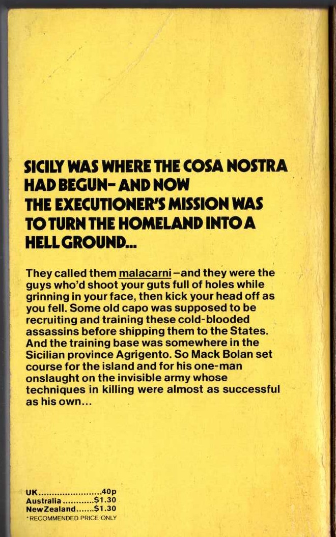 (Jim Peterson) THE EXECUTIONER: SICILIAN SLAUGHTER magnified rear book cover image