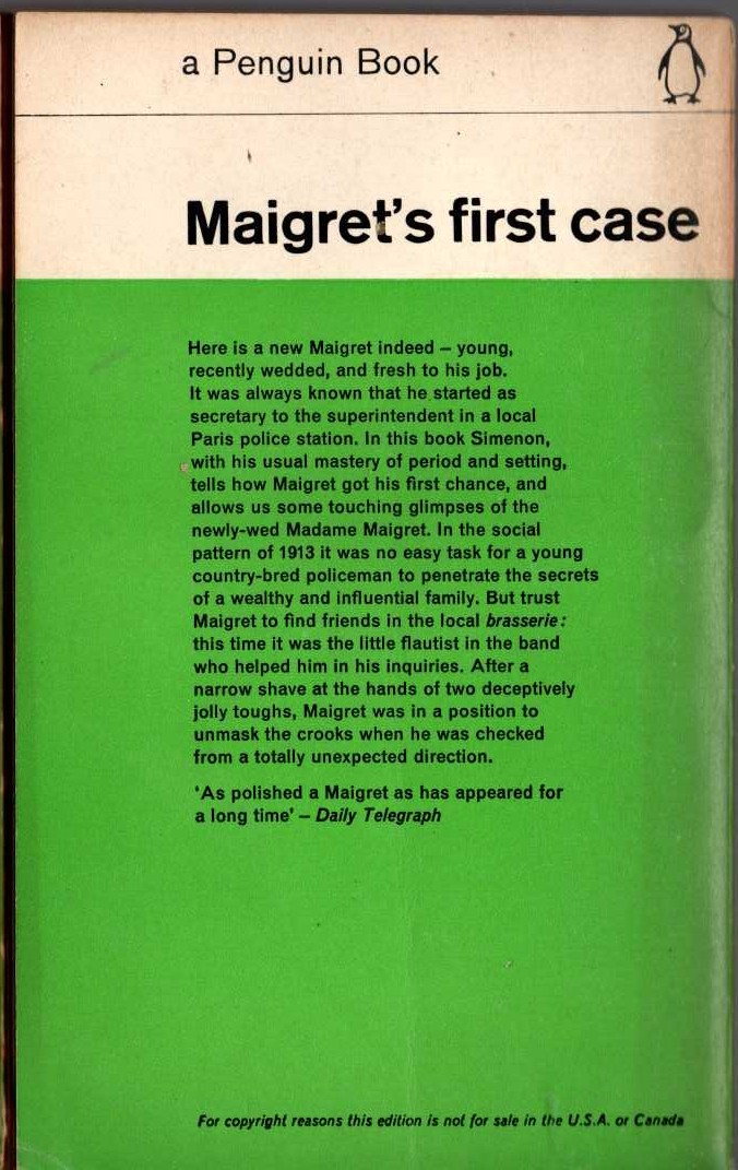 Georges Simenon  MAIGRET'S FIRST CASE magnified rear book cover image