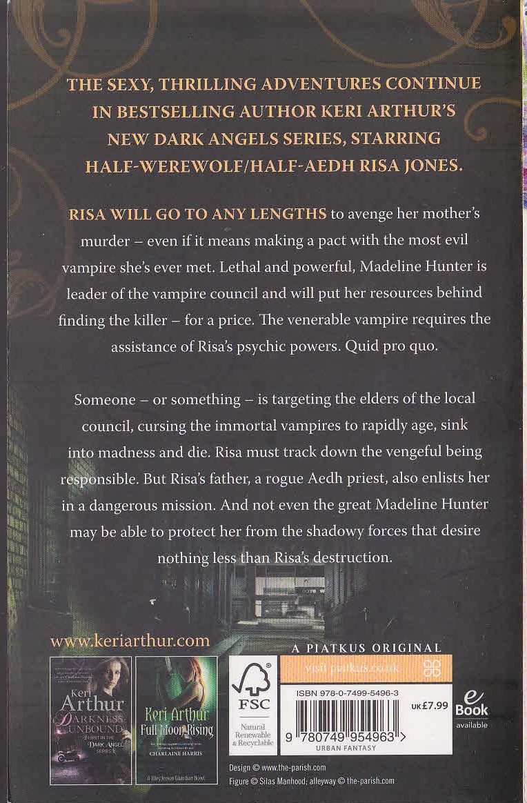 Keri Arthur  DARKNESS RISING [a Dark Angel novel] magnified rear book cover image