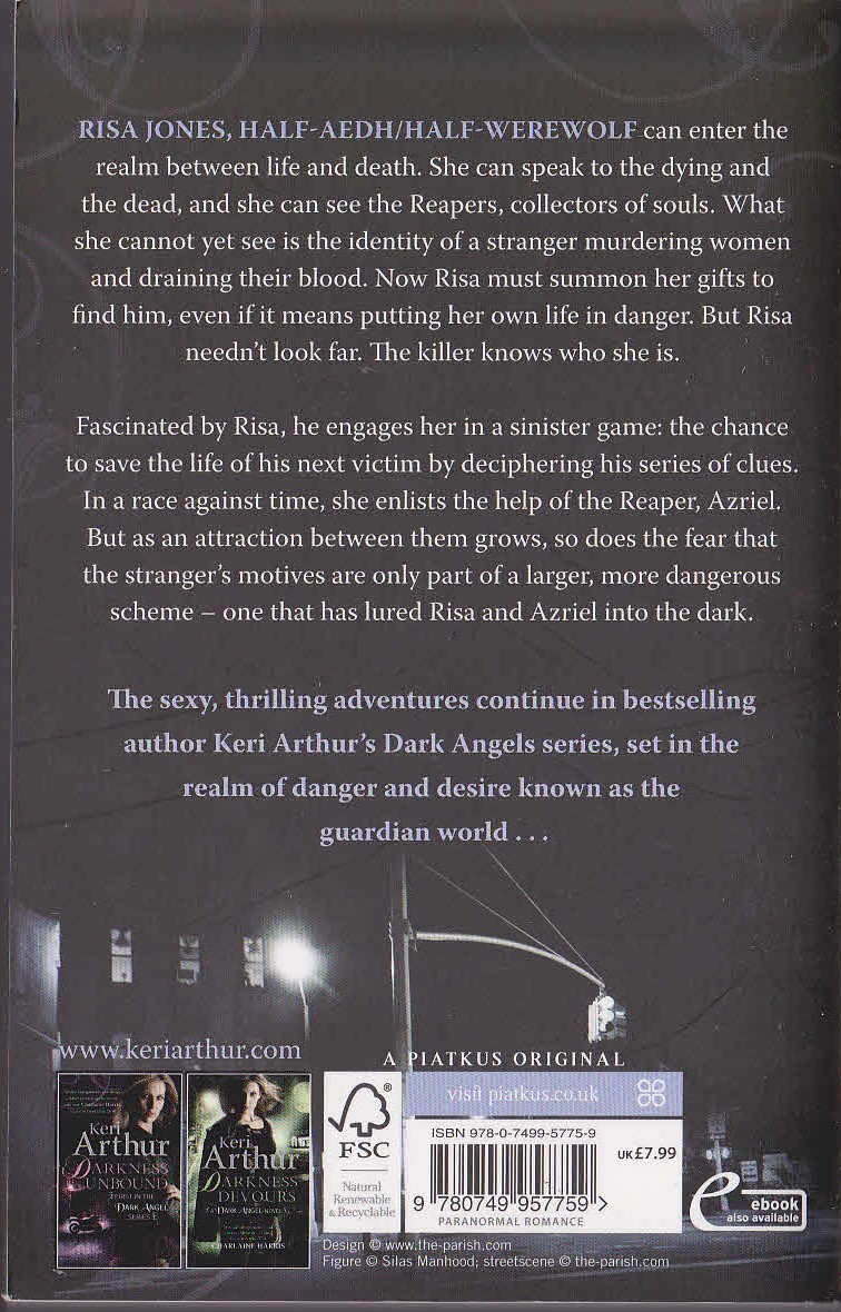 Keri Arthur  DARKNESS HUNTS [a Dark Angel novel] magnified rear book cover image