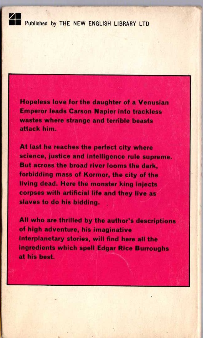 Edgar Rice Burroughs  LOST ON VENUS magnified rear book cover image