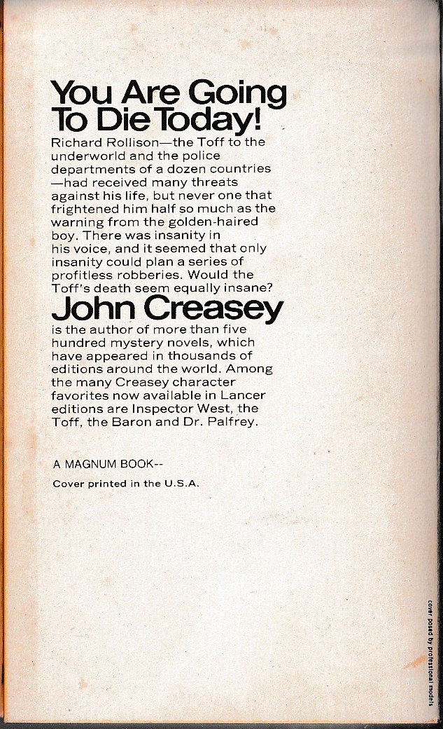 John Creasey  THE TOFF AND THE GOLDEN BOY magnified rear book cover image