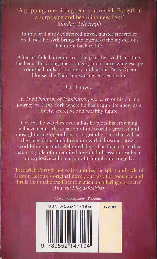 Frederick Forsyth  THE PHANTOM OF MANHATTAN (General fiction) magnified rear book cover image