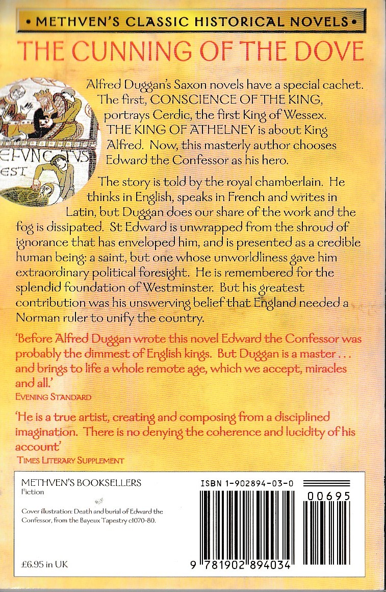 Alfred Duggan  THE CUNNING OF THE DOVE magnified rear book cover image