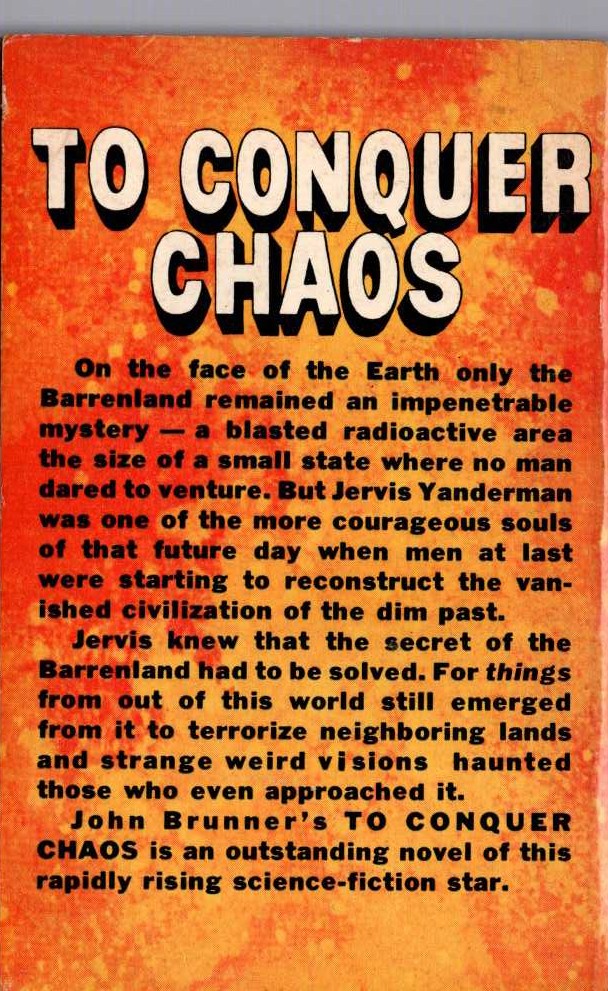 John Brunner  TO CONQUER CHAOS magnified rear book cover image