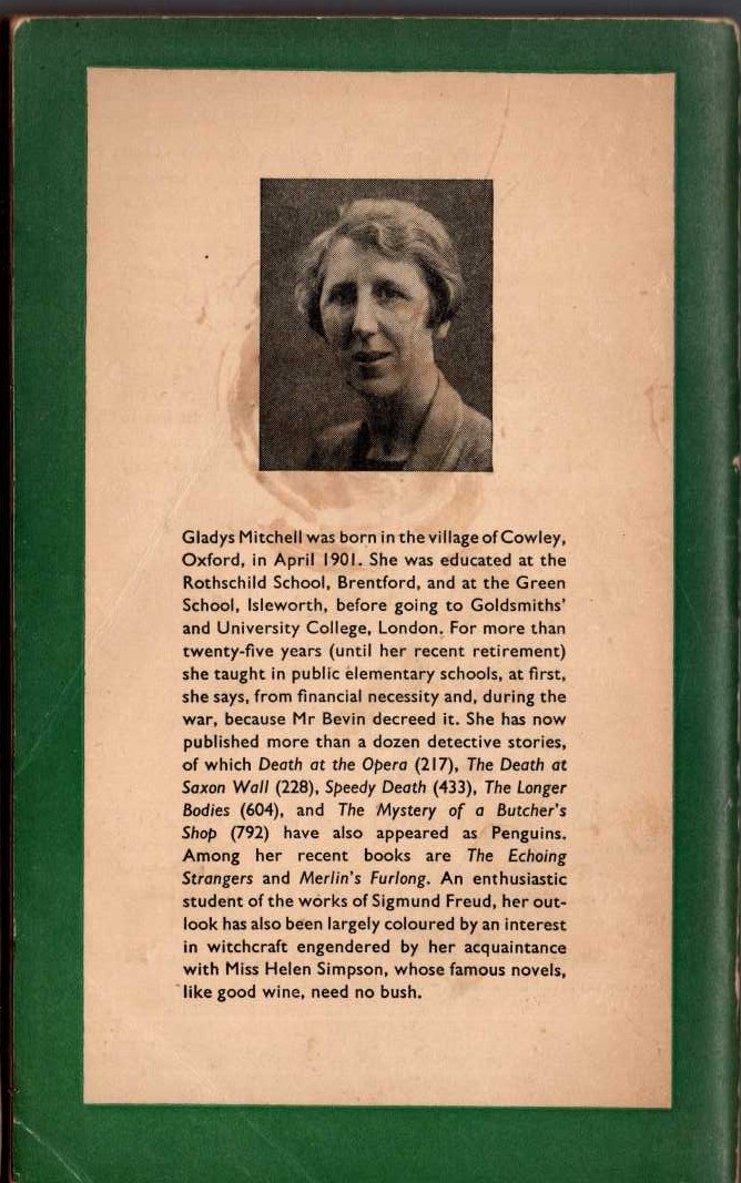 Gladys Mitchell  TOM BROWN'S BODY magnified rear book cover image
