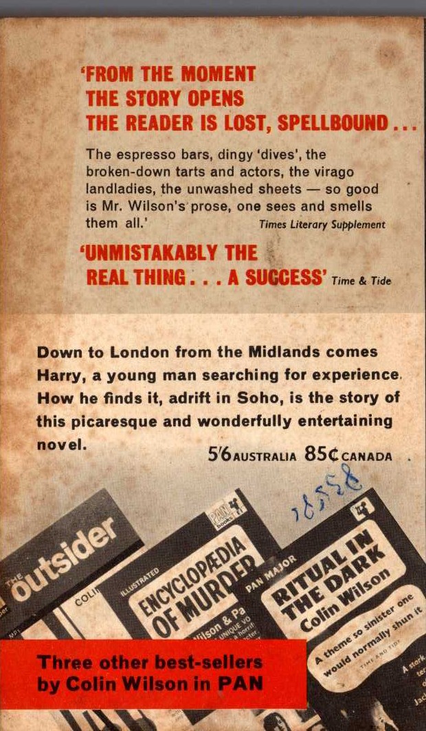Colin Wilson  ADRIFT IN SOHO magnified rear book cover image