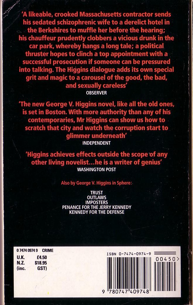 George V. Higgins  WONDERFUL YEARS, WONDERFUL YEARS magnified rear book cover image