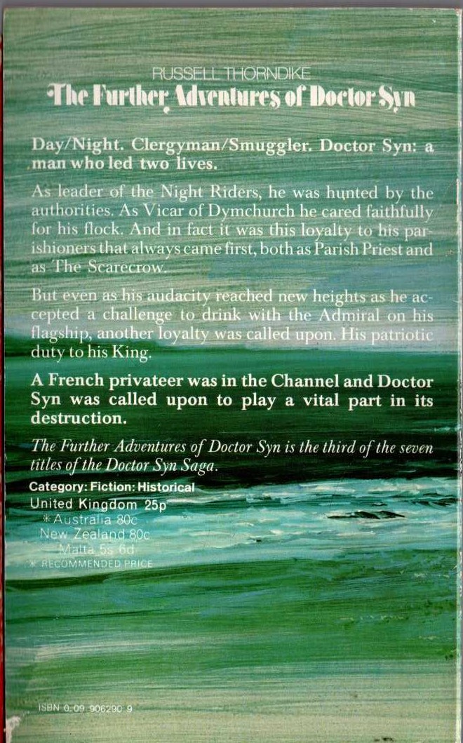 Russell Thorndike  THE FURTHER ADVENTURES OF DOCTOR SYN magnified rear book cover image