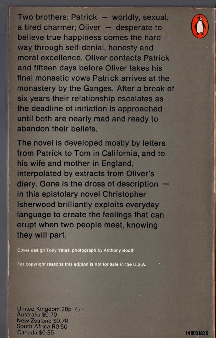 Christopher Isherwood  A MEETING BY THE RIVER magnified rear book cover image