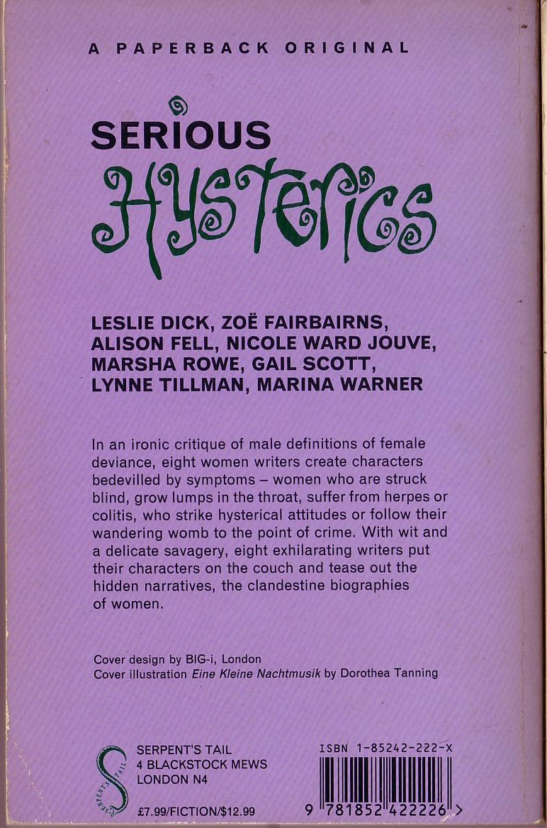 Alison Fell (Edits) SERIOUS HYSTERICS magnified rear book cover image