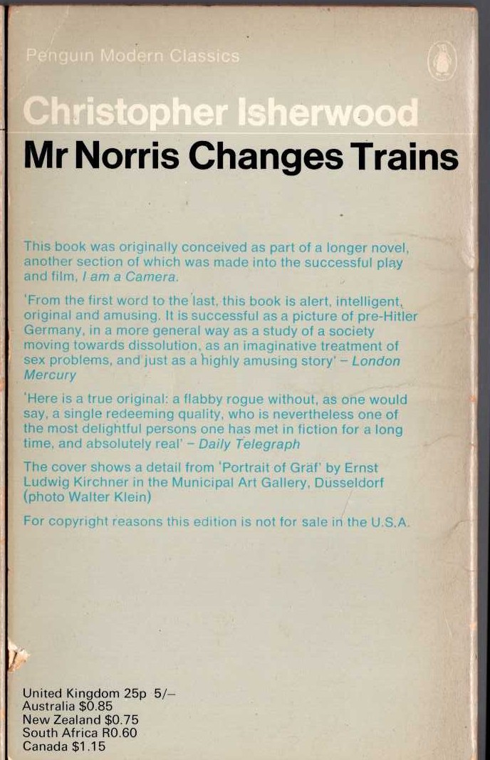 Christopher Isherwood  MR NORRIS CHANGES TRAINS magnified rear book cover image