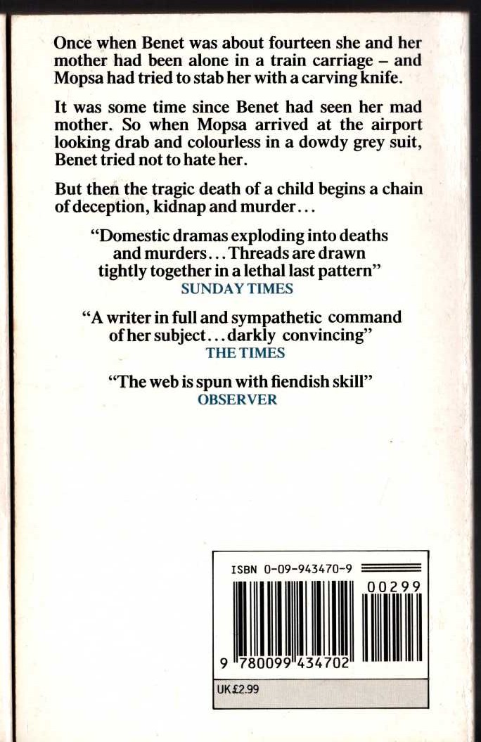 Ruth Rendell  THE TREE OF HANDS magnified rear book cover image