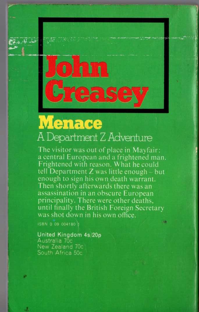 John Creasey  MENACE (Department 'Z') magnified rear book cover image