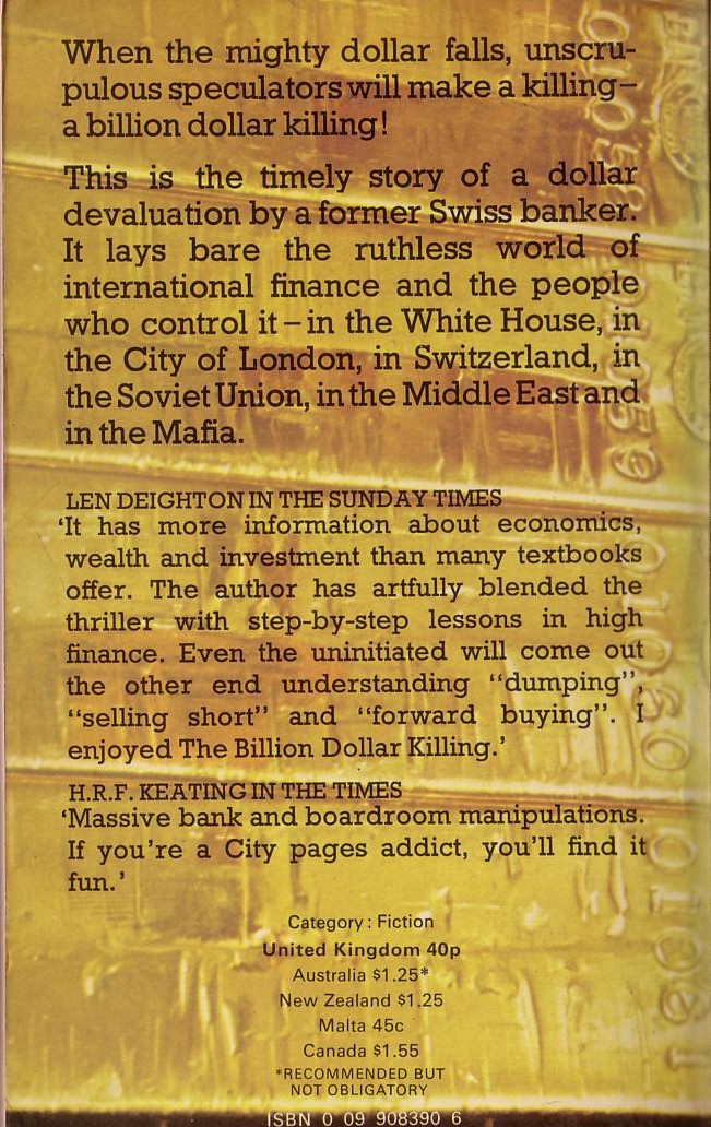 Paul Erdman  THE BILLION DOLLAR KILLING magnified rear book cover image