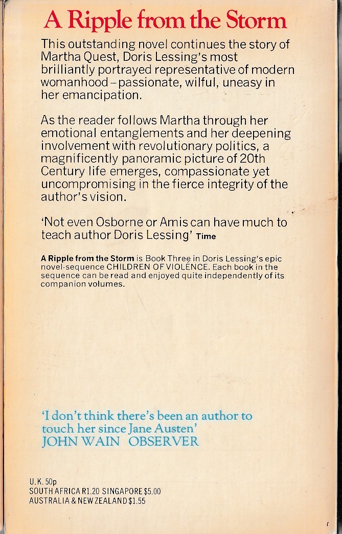 Doris Lessing  A RIPPLE FROM THE STORM magnified rear book cover image