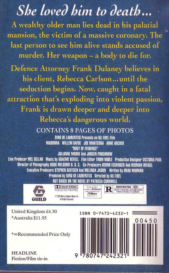 Harrison Arnston  BODY OF EVIDENCE (Madonna, Willem Dafoe, Joe Mantegna) magnified rear book cover image