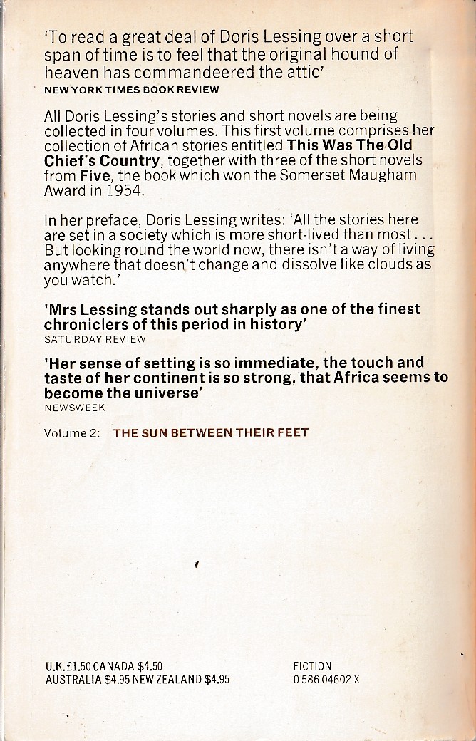 Doris Lessing  COLLECTED AFRICAN STORIES (Volume 1): THIS WAS THE OLD CHIEF'S COUNTRY magnified rear book cover image