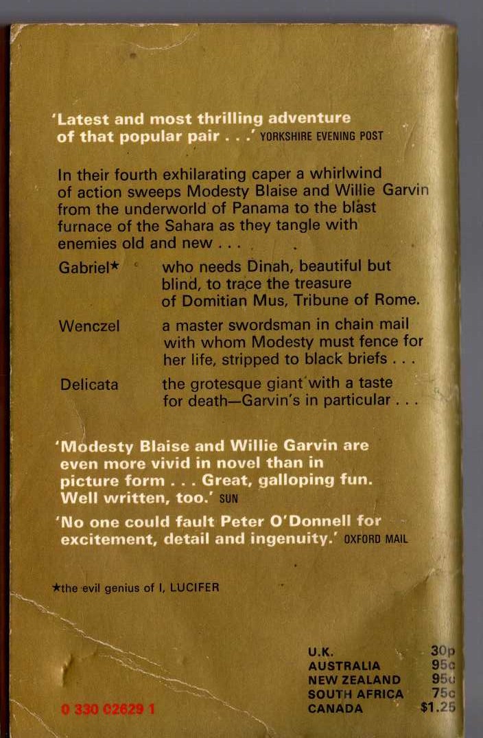 Peter O'Donnell  A TASTE FOR DEATH magnified rear book cover image