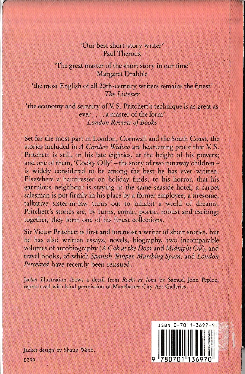 V.S. Pritchett  A CARELESS WIDOW & Other Stories magnified rear book cover image
