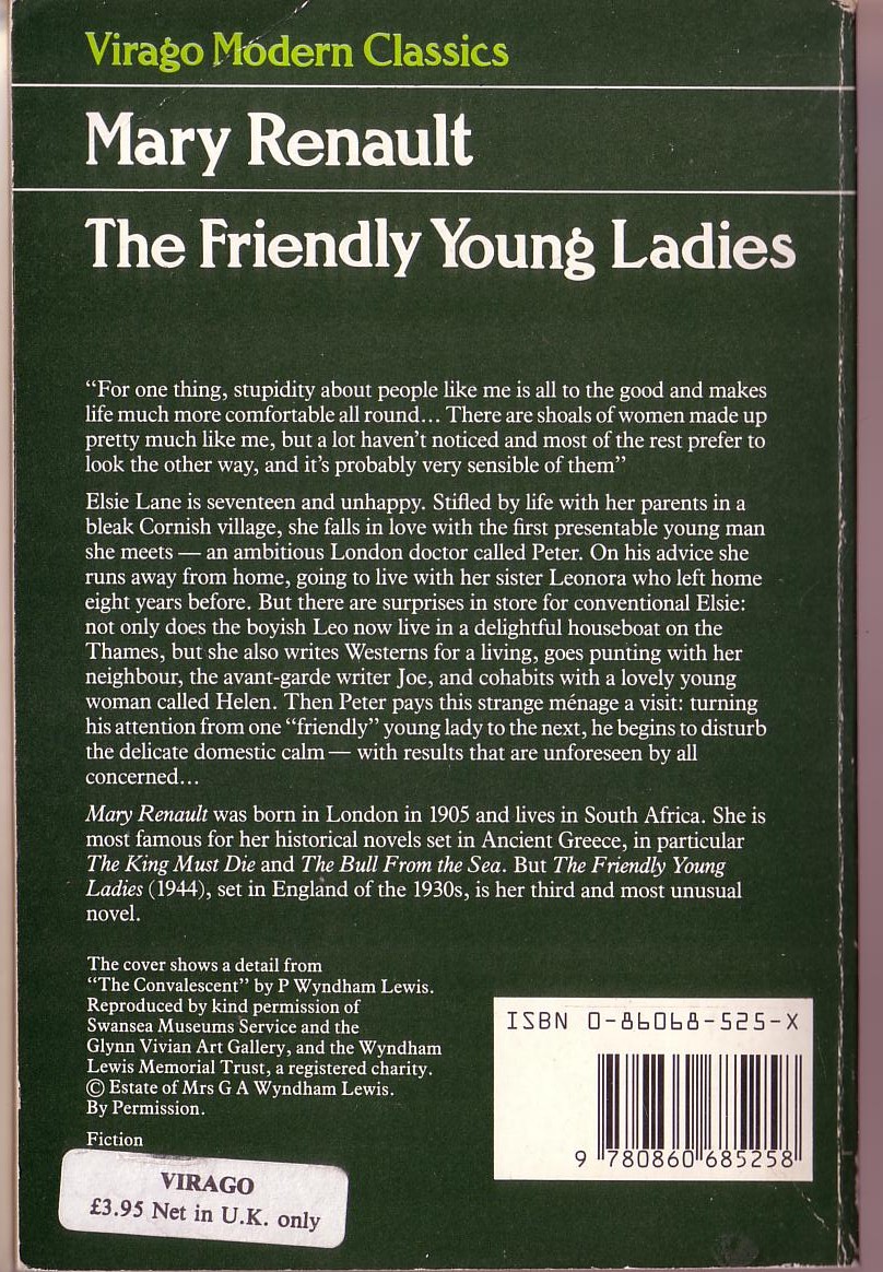 Mary Renault  THE FRIENDLY YOUNG LADIES magnified rear book cover image