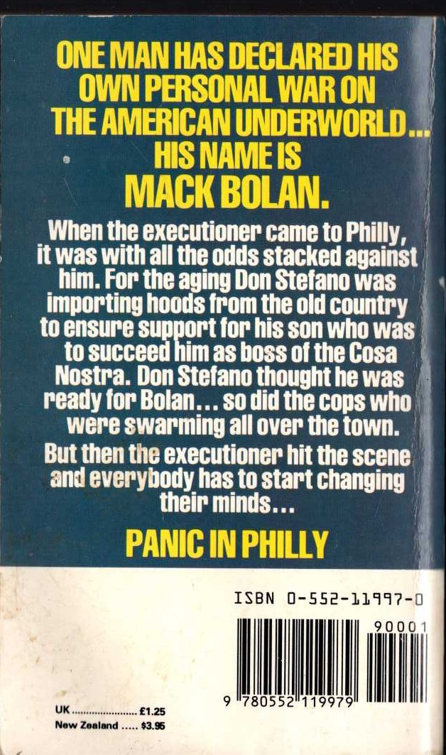 Don Pendleton  THE EXECUTIONER 15: PANIC IN PHILLY magnified rear book cover image